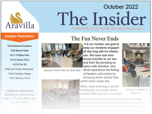 Memory Care Newsletter Aravilla Clearwater October 2022