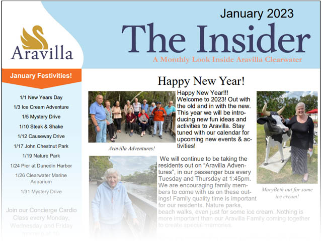 Memory Care Aravilla Clearwater January 2023 newsletter
