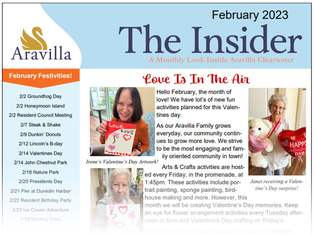 Aravilla Clearwater Memory Care newsletter Feb 2023