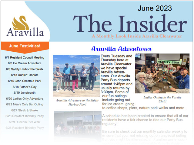 Memory Care Newsletter Aravilla Clearwater June 2023
