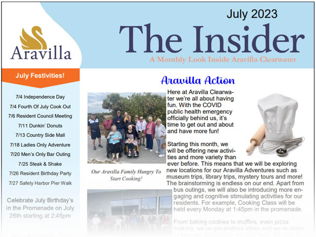 Aravilla Clearwater memory care July newsletter image