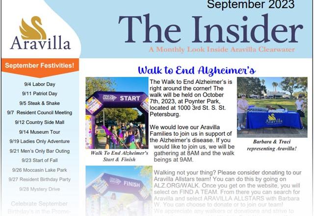 memory care newsletter September 2023 Aravilla Clearwater