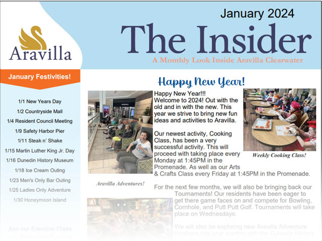 memory care Aravilla Clearwater January newsletter image
