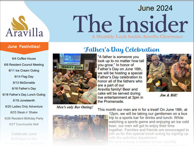 memory care newsletter june 2024 Aravilla Clearwater